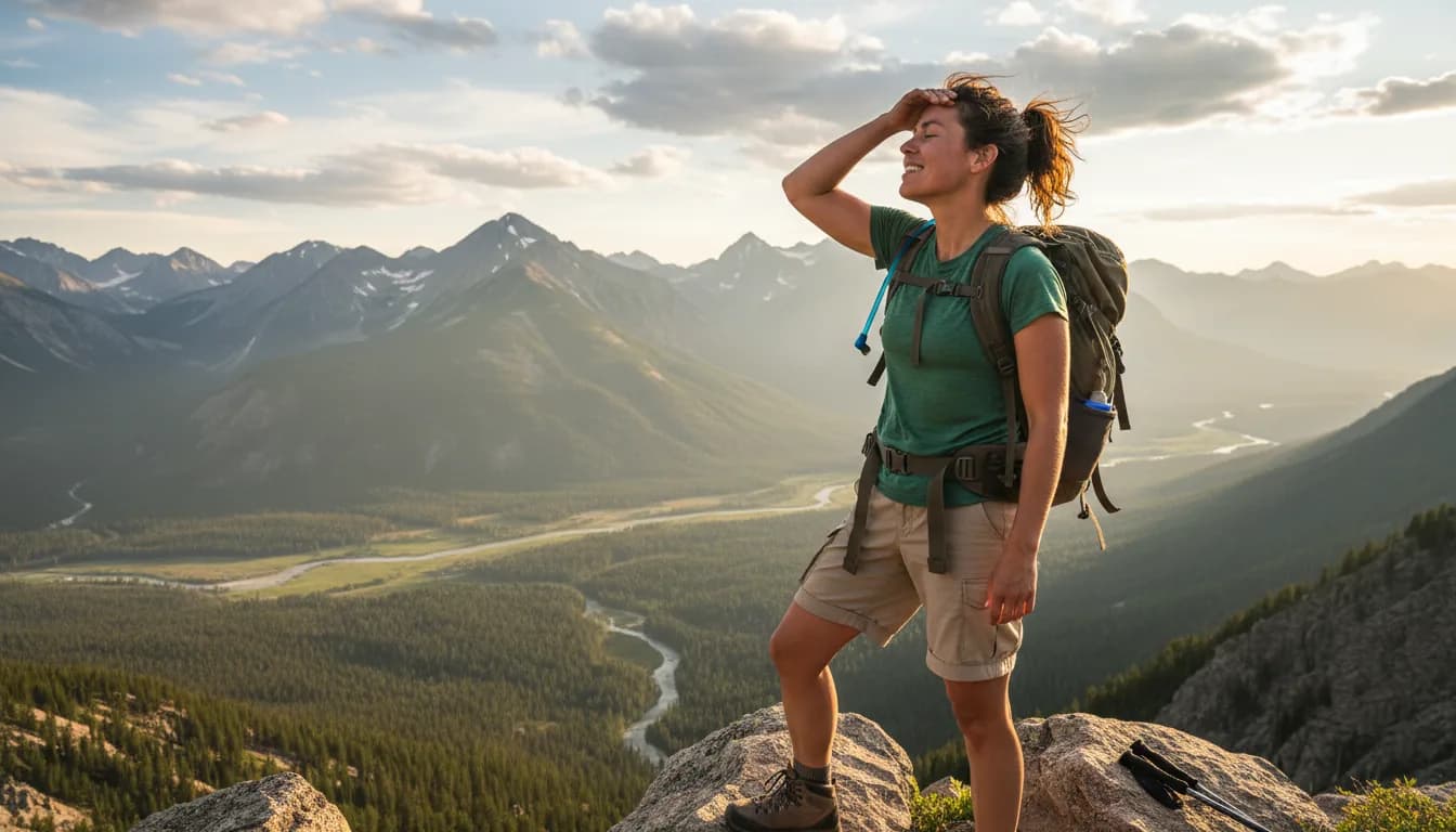 A person standing on a mountain top at sunrise with a backpack