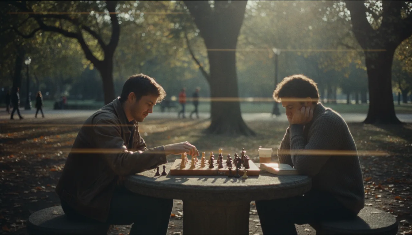 Two people playing chess at a stone table in a park at sunset