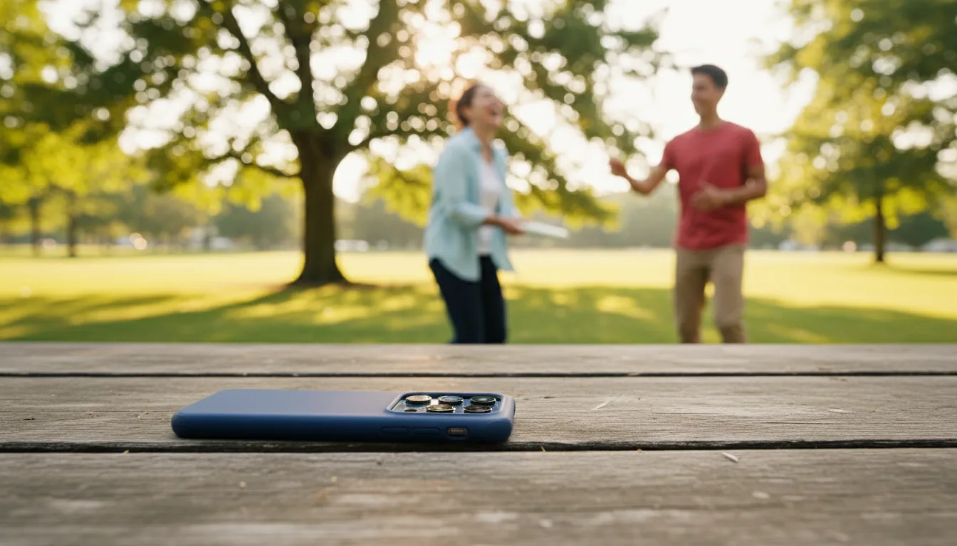 A phone left face down on a wooden table while two friends play in a sunny park